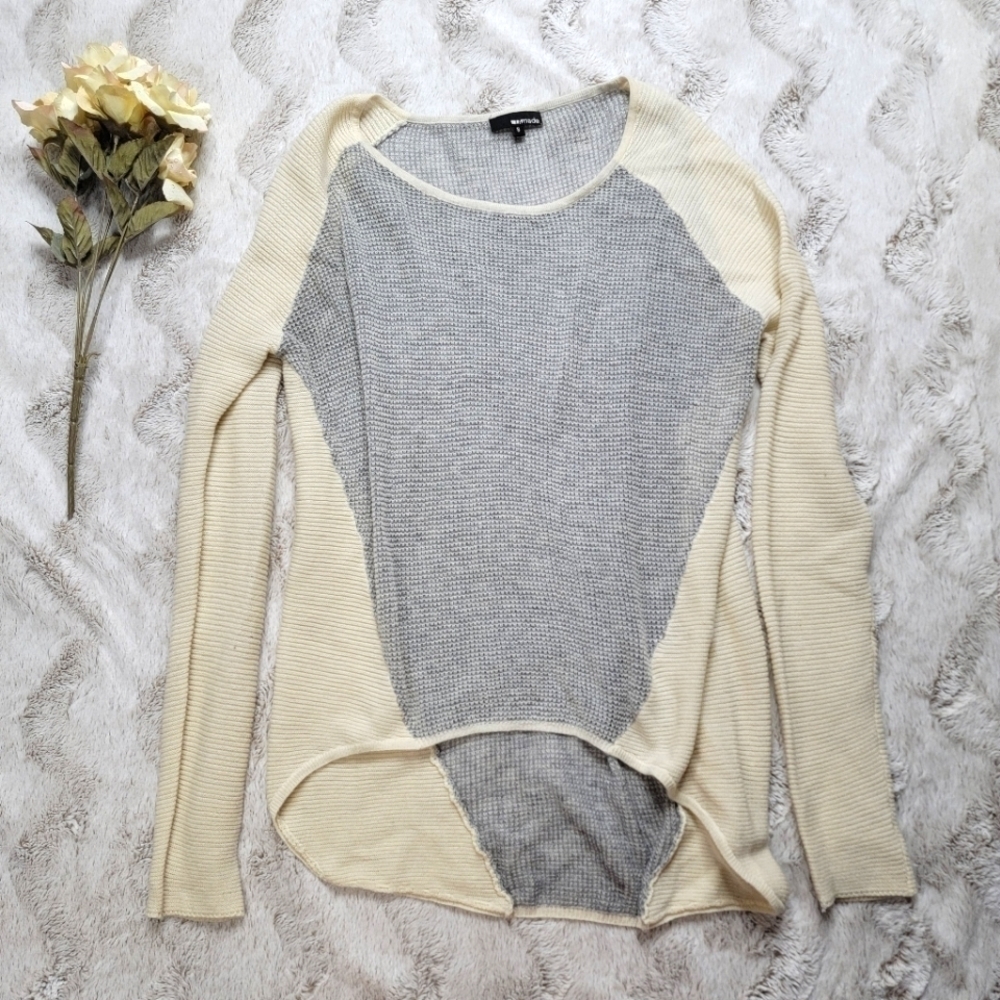 LA Made Wool Cashmere Blend Knit Lightweight Gray Cream Sleeve Sweater Size‎ S